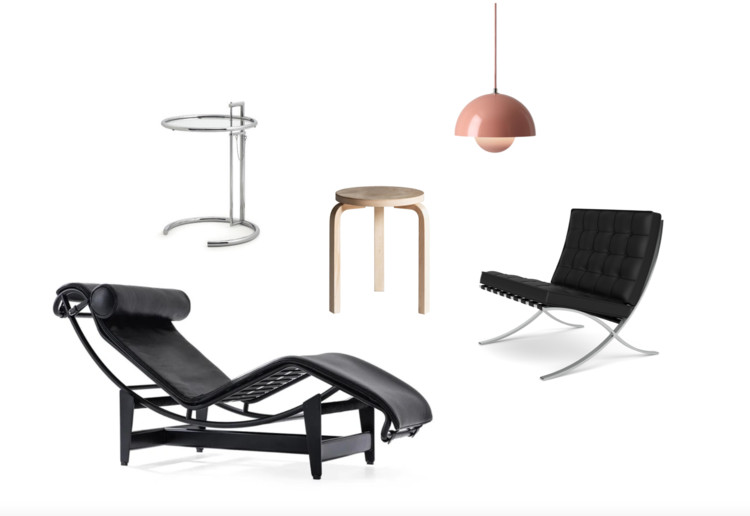 5 Iconic Designers and Their Furniture Milestones: Aalto, Gray, Le Corbusier, Van der Rohe & Panton, Big meeting: Le Corbusier's LC4 Chaise Longue meets Eileen Gray's Adjustable table, Alvar Aalto's Stool 60, Verner Panton's Flowerpot pendant and Mies van der Rohe's Barcelona chair
